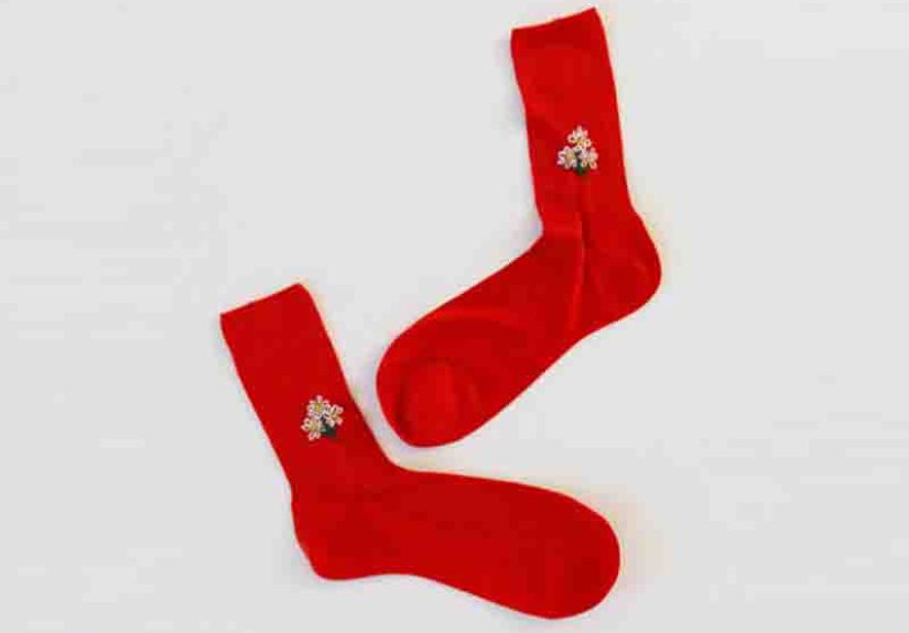 Floral Embroidered Sock With Red Daisy
